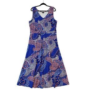 Talbots Paisley Maxi Dress Sz XL Blue Pink Knit Jersey V-Neck Sleeveless Stretch